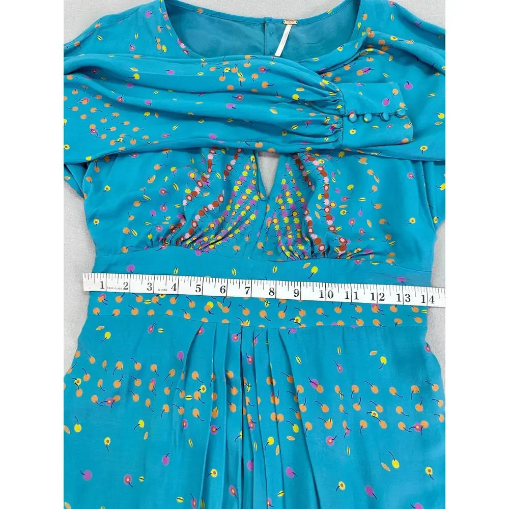 Free People Coryn Mini Dress Cherry Print Teal Blue Green Cut Out Pleated Size 4 - Picture 11 of 12